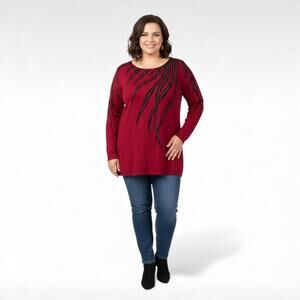 Bob Mackie Wearable Art Sweater | Size 2X | Red Beaded Feather Pullover